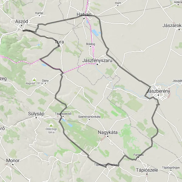 Map miniature of "Hatvan to Csigapart Extended Loop" cycling inspiration in Pest, Hungary. Generated by Tarmacs.app cycling route planner