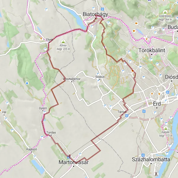 Map miniature of "Countryside Adventure from Biatorbágy" cycling inspiration in Pest, Hungary. Generated by Tarmacs.app cycling route planner