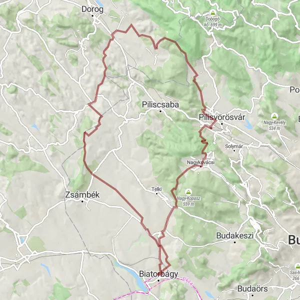 Map miniature of "Discover the Hills and Villages near Biatorbágy" cycling inspiration in Pest, Hungary. Generated by Tarmacs.app cycling route planner