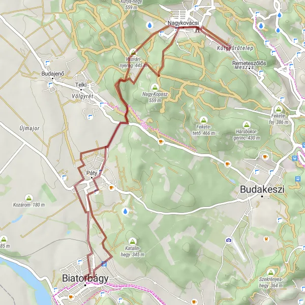 Map miniature of "Páty and the surrounding countryside" cycling inspiration in Pest, Hungary. Generated by Tarmacs.app cycling route planner