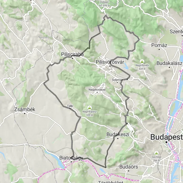 Map miniature of "Scenic Road Ride to Pilisvörösvár" cycling inspiration in Pest, Hungary. Generated by Tarmacs.app cycling route planner