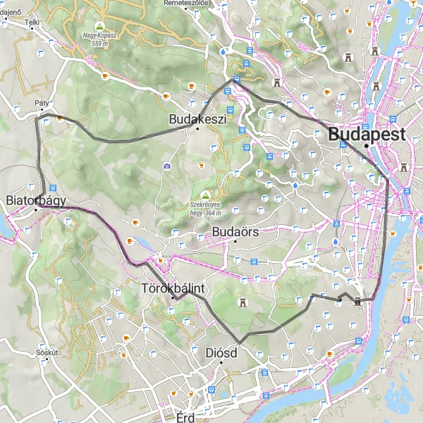 Map miniature of "Biatorbágy Circular Road Ride" cycling inspiration in Pest, Hungary. Generated by Tarmacs.app cycling route planner