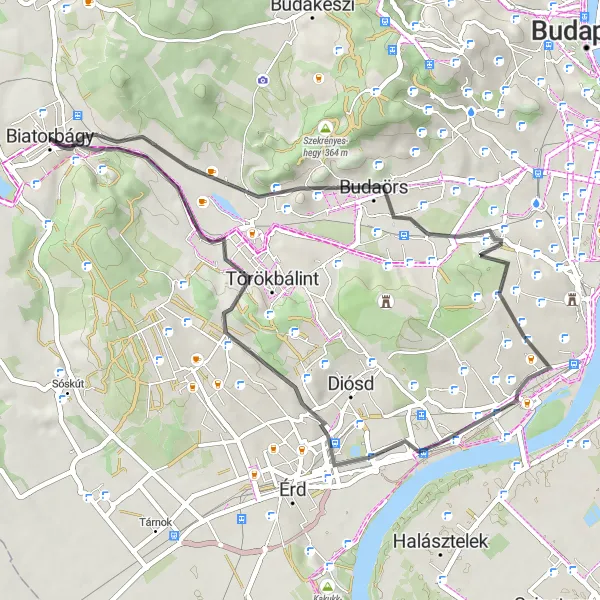 Map miniature of "Biatorbágyi Exploration" cycling inspiration in Pest, Hungary. Generated by Tarmacs.app cycling route planner