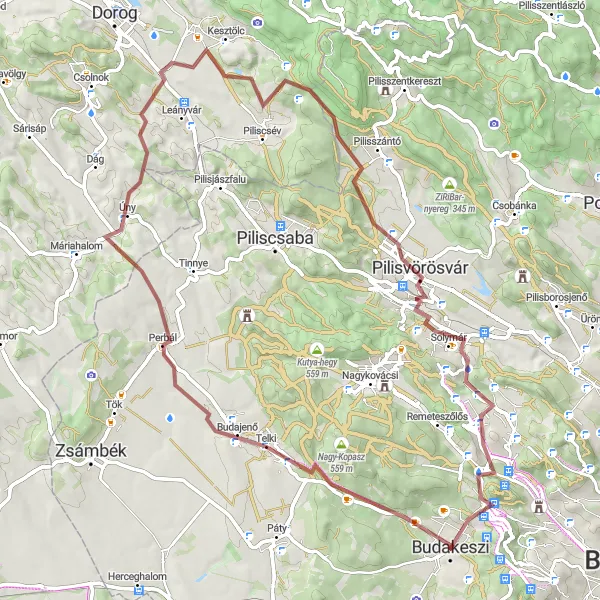 Map miniature of "Gravel Adventure to Hűvösvölgy via Budajenő" cycling inspiration in Pest, Hungary. Generated by Tarmacs.app cycling route planner