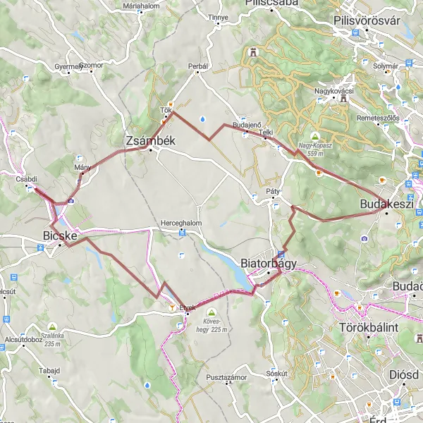 Map miniature of "Gravel Journey through Budajenő and Mamurová Forest" cycling inspiration in Pest, Hungary. Generated by Tarmacs.app cycling route planner