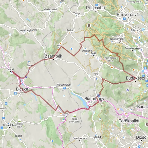 Map miniature of "Scenic Gravel Ride to Biatorbágy" cycling inspiration in Pest, Hungary. Generated by Tarmacs.app cycling route planner