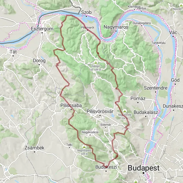 Map miniature of "Adventure-filled Gravel Journey" cycling inspiration in Pest, Hungary. Generated by Tarmacs.app cycling route planner