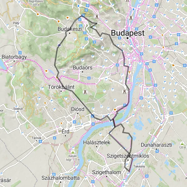 Map miniature of "Road Cycling Adventure with Spectacular Views" cycling inspiration in Pest, Hungary. Generated by Tarmacs.app cycling route planner