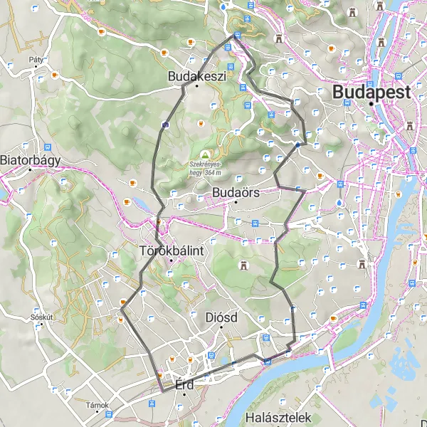 Map miniature of "Exploring Scenic Routes with Vadász-hegy and Érd" cycling inspiration in Pest, Hungary. Generated by Tarmacs.app cycling route planner