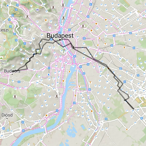 Map miniature of "Budapest Highlights" cycling inspiration in Pest, Hungary. Generated by Tarmacs.app cycling route planner