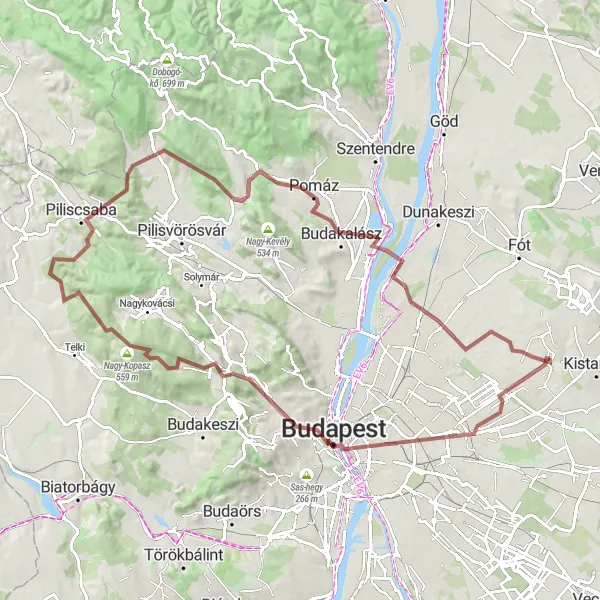 Map miniature of "Gravel Adventure through the Pilis Mountains" cycling inspiration in Pest, Hungary. Generated by Tarmacs.app cycling route planner