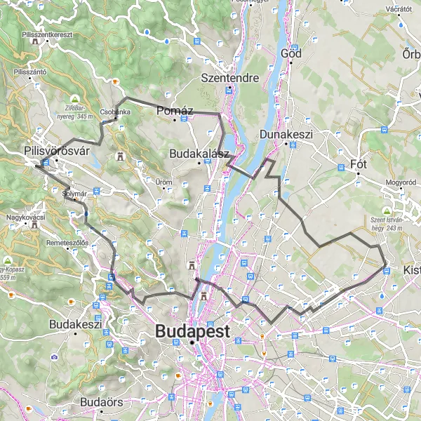 Map miniature of "Csömöri Panoramic Bike Route (Road)" cycling inspiration in Pest, Hungary. Generated by Tarmacs.app cycling route planner