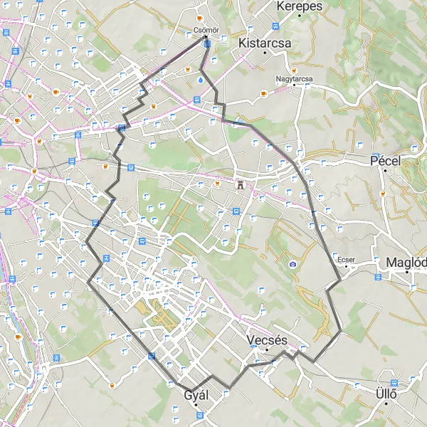 Map miniature of "Csömöri Historical Road Tour" cycling inspiration in Pest, Hungary. Generated by Tarmacs.app cycling route planner