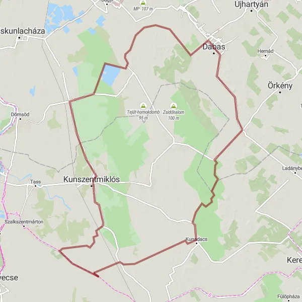 Map miniature of "Dabas-Thematic Route" cycling inspiration in Pest, Hungary. Generated by Tarmacs.app cycling route planner