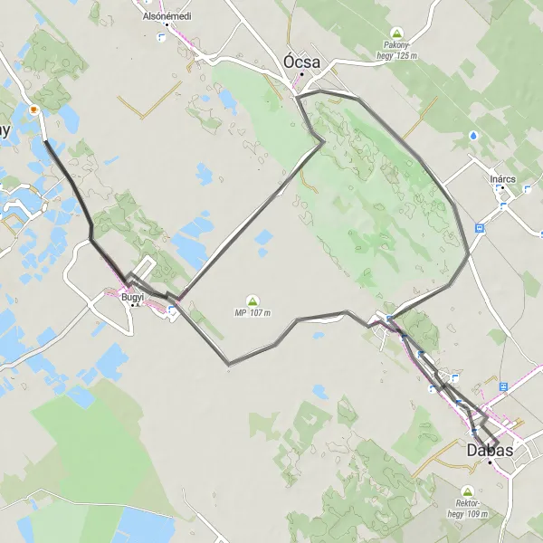 Map miniature of "Dabas-Scenic Loop" cycling inspiration in Pest, Hungary. Generated by Tarmacs.app cycling route planner