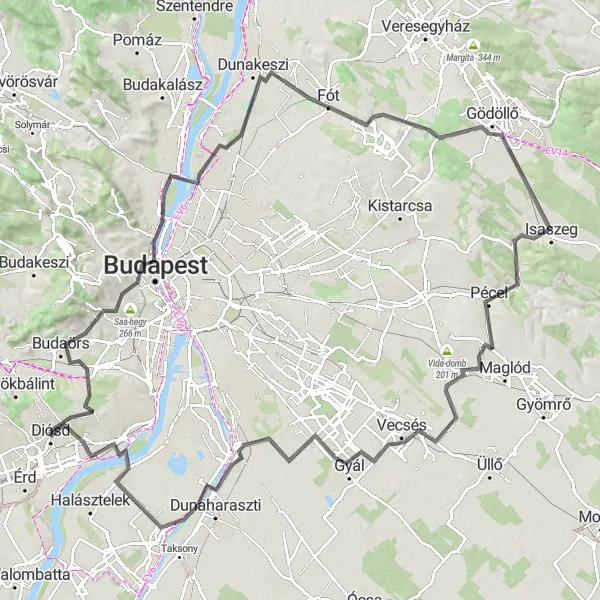 Map miniature of "Diósd - panoráma - Fisherman's Bastion - Óbudai-sziget szigetcsúcs - Dunakeszi - Mogyoród - Gyertyános - Pap-hegy - Pécel - Ecser - Gyál - Szigetszentmiklós - Nagytétény" cycling inspiration in Pest, Hungary. Generated by Tarmacs.app cycling route planner