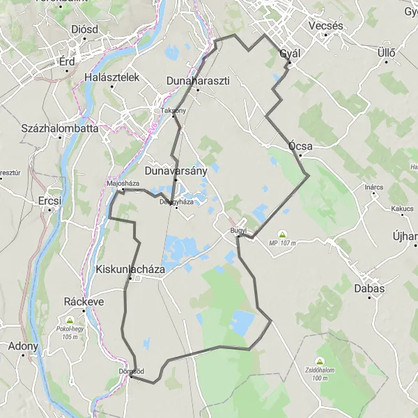 Map miniature of "Pest County Rural Escape" cycling inspiration in Pest, Hungary. Generated by Tarmacs.app cycling route planner