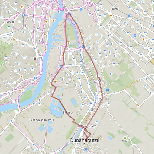 Map miniature of "Scenic Gravel Through Historical Landmarks" cycling inspiration in Pest, Hungary. Generated by Tarmacs.app cycling route planner