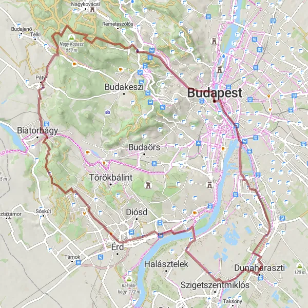 Map miniature of "Gravel Adventure with Riverside Charm" cycling inspiration in Pest, Hungary. Generated by Tarmacs.app cycling route planner