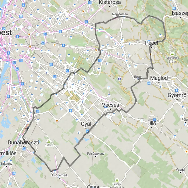 Map miniature of "Exploring Pest County" cycling inspiration in Pest, Hungary. Generated by Tarmacs.app cycling route planner