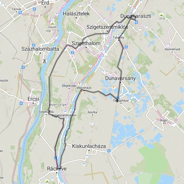 Map miniature of "Riverside Tranquility with Charming Villages" cycling inspiration in Pest, Hungary. Generated by Tarmacs.app cycling route planner