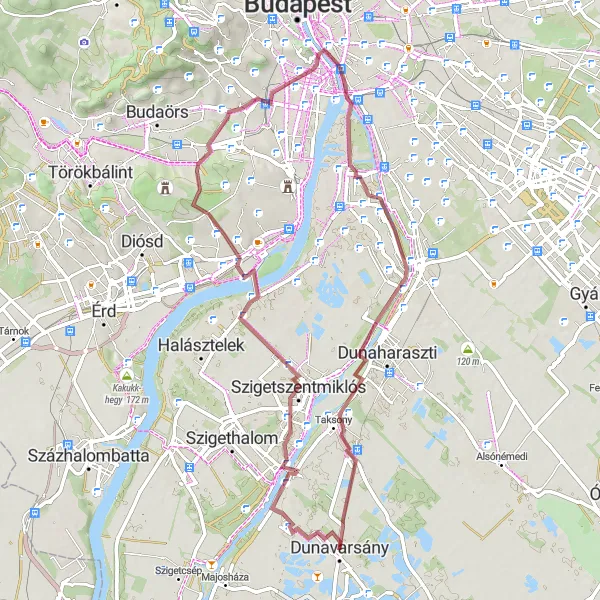 Map miniature of "Off-Road Exploration of Dunavarsány" cycling inspiration in Pest, Hungary. Generated by Tarmacs.app cycling route planner