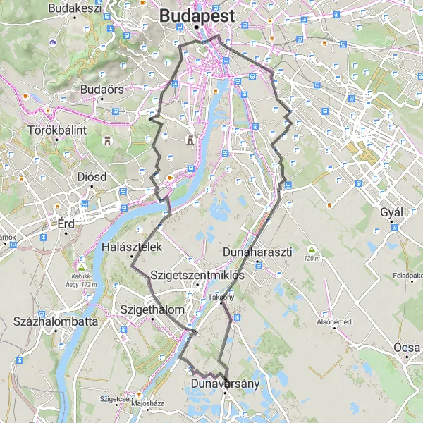 Map miniature of "The Military and Scenic Route" cycling inspiration in Pest, Hungary. Generated by Tarmacs.app cycling route planner