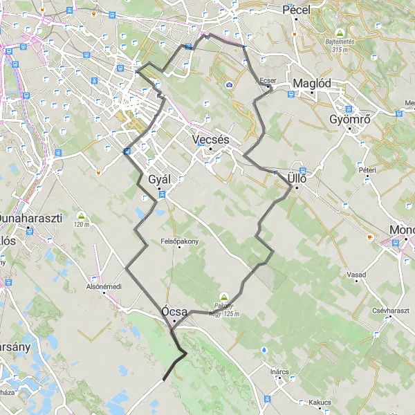 Map miniature of "Ecser to Rákoskert Loop" cycling inspiration in Pest, Hungary. Generated by Tarmacs.app cycling route planner