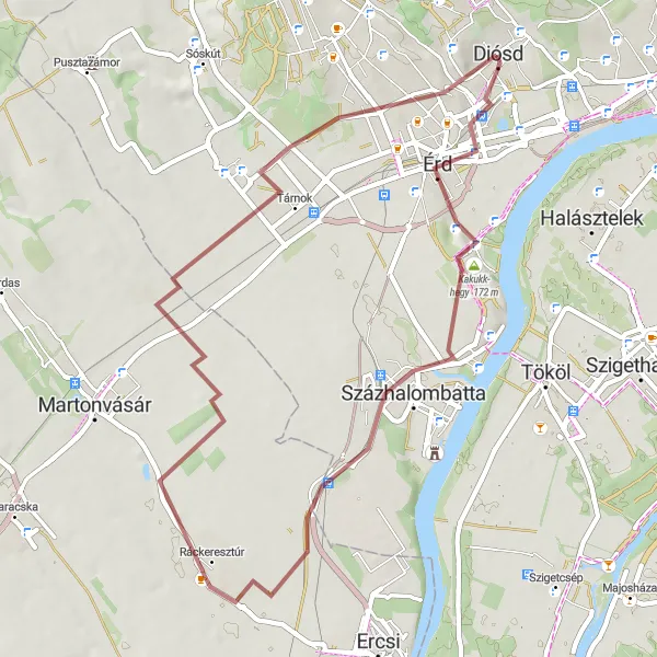 Map miniature of "Érd - Panoráma Loop" cycling inspiration in Pest, Hungary. Generated by Tarmacs.app cycling route planner