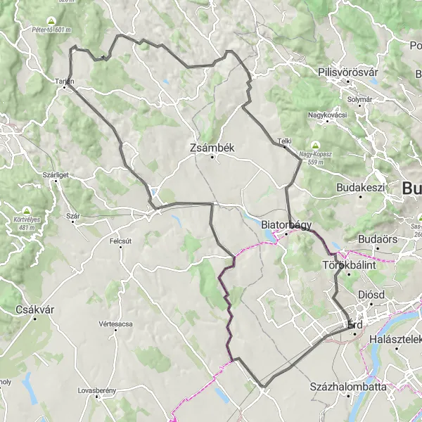 Map miniature of "Érd Road Route" cycling inspiration in Pest, Hungary. Generated by Tarmacs.app cycling route planner