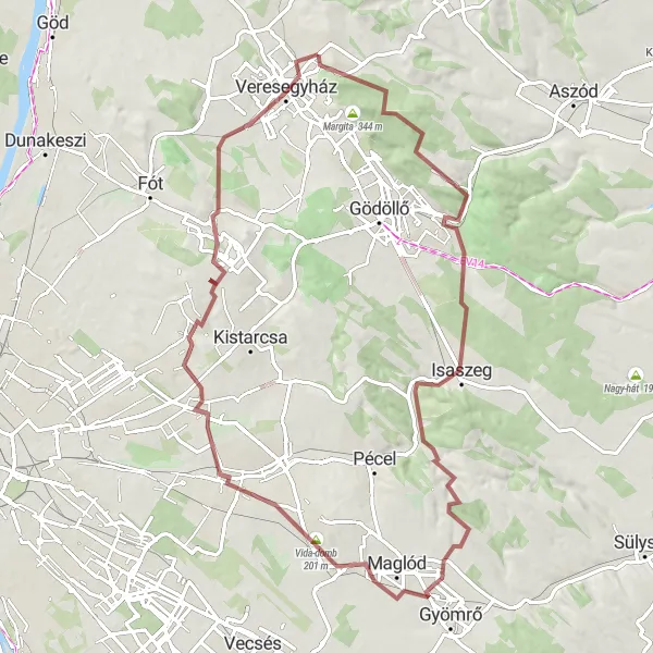 Map miniature of "Veresegyház and Beyond Extended Gravel Route" cycling inspiration in Pest, Hungary. Generated by Tarmacs.app cycling route planner