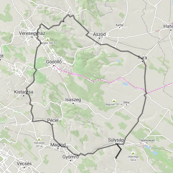 Map miniature of "Challenging Road Cycling Tour in Pest" cycling inspiration in Pest, Hungary. Generated by Tarmacs.app cycling route planner