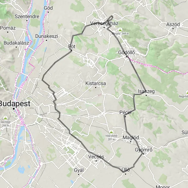 Map miniature of "Picturesque Road Cycling Trail in Pest" cycling inspiration in Pest, Hungary. Generated by Tarmacs.app cycling route planner