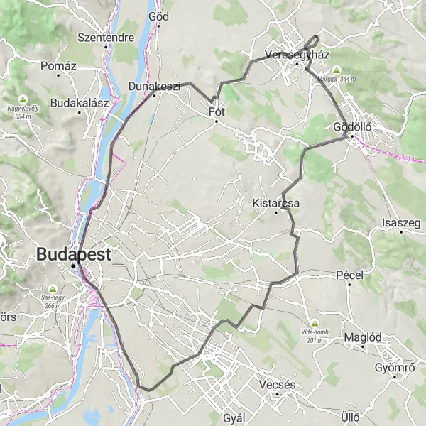 Map miniature of "Scenic Road Cycling Exploration in Pest" cycling inspiration in Pest, Hungary. Generated by Tarmacs.app cycling route planner