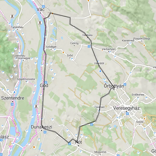 Map miniature of "The Danube Bend" cycling inspiration in Pest, Hungary. Generated by Tarmacs.app cycling route planner