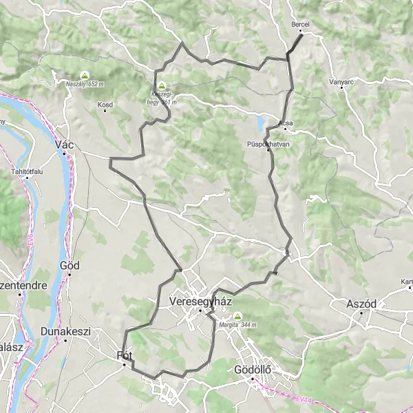 Map miniature of "Hills of Pest County" cycling inspiration in Pest, Hungary. Generated by Tarmacs.app cycling route planner