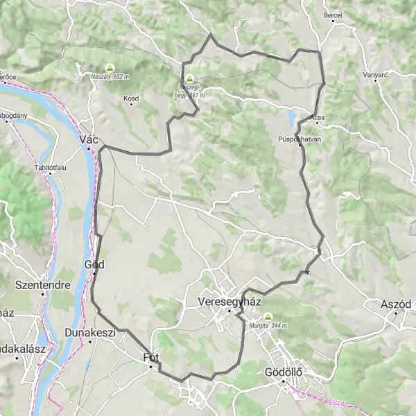 Map miniature of "The Forests and Hills of Fót" cycling inspiration in Pest, Hungary. Generated by Tarmacs.app cycling route planner