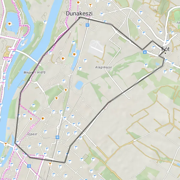 Map miniature of "The Road to Serenity" cycling inspiration in Pest, Hungary. Generated by Tarmacs.app cycling route planner