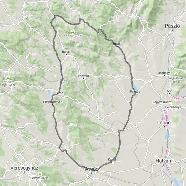 Map miniature of "The Galgamácsa Loop: From Galgamácsa to Galgagyörk and Beyond" cycling inspiration in Pest, Hungary. Generated by Tarmacs.app cycling route planner