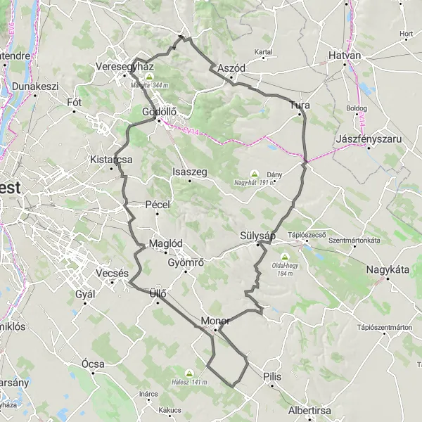 Map miniature of "The Ultimate Road Cycling Adventure: Aszód to Vácegres" cycling inspiration in Pest, Hungary. Generated by Tarmacs.app cycling route planner