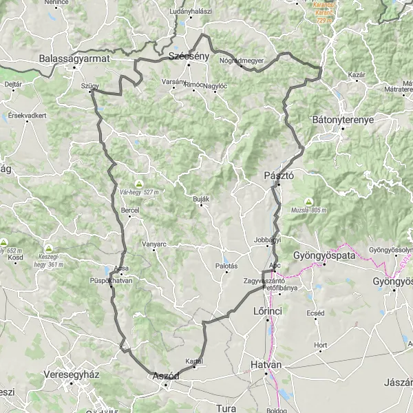 Map miniature of "The Scenic Countryside Road Trip" cycling inspiration in Pest, Hungary. Generated by Tarmacs.app cycling route planner