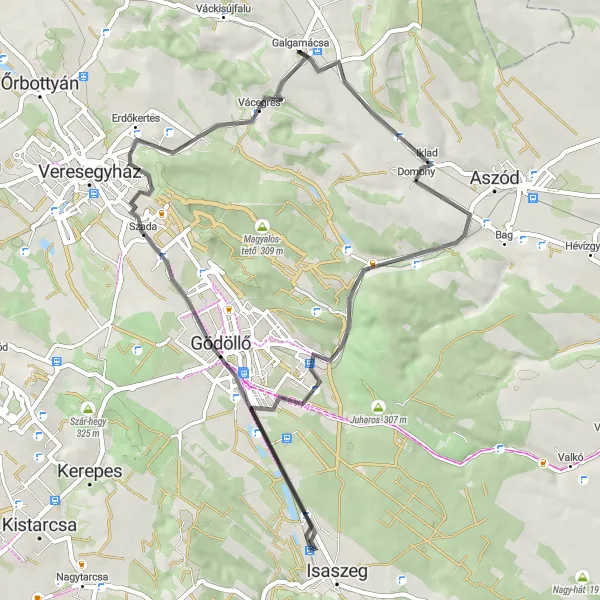 Map miniature of "Scenic Road Cycling: Domony to Vácegres" cycling inspiration in Pest, Hungary. Generated by Tarmacs.app cycling route planner