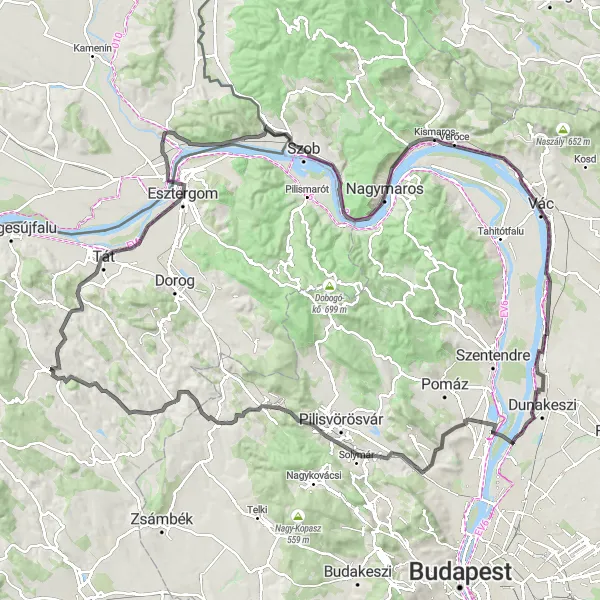 Map miniature of "Göd and the Peaks" cycling inspiration in Pest, Hungary. Generated by Tarmacs.app cycling route planner