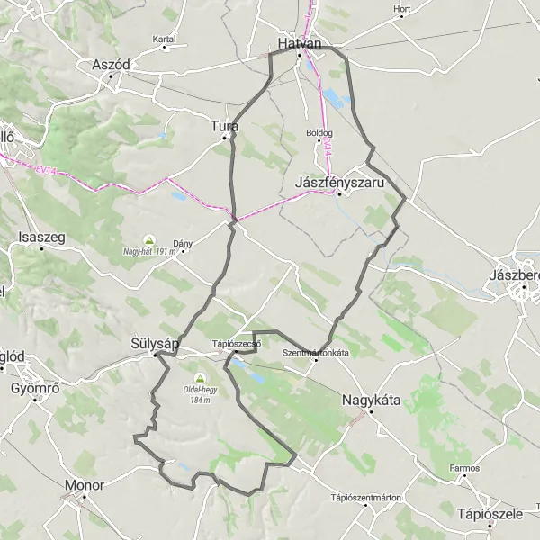 Map miniature of "Gomba to Bénye Road Route" cycling inspiration in Pest, Hungary. Generated by Tarmacs.app cycling route planner