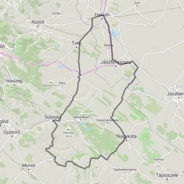 Map miniature of "Historical Route to Hatvan" cycling inspiration in Pest, Hungary. Generated by Tarmacs.app cycling route planner