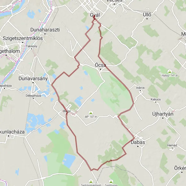 Map miniature of "Picturesque Gravel Ride through Felsőpakony" cycling inspiration in Pest, Hungary. Generated by Tarmacs.app cycling route planner