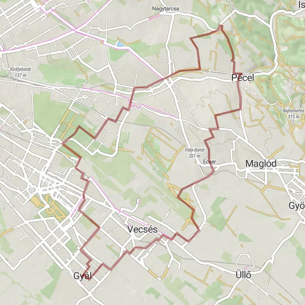 Map miniature of "Scenic Gravel Ride around Gyál" cycling inspiration in Pest, Hungary. Generated by Tarmacs.app cycling route planner