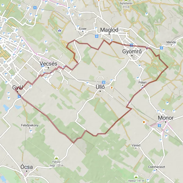 Map miniature of "Adventurous Gravel Route from Gyál" cycling inspiration in Pest, Hungary. Generated by Tarmacs.app cycling route planner