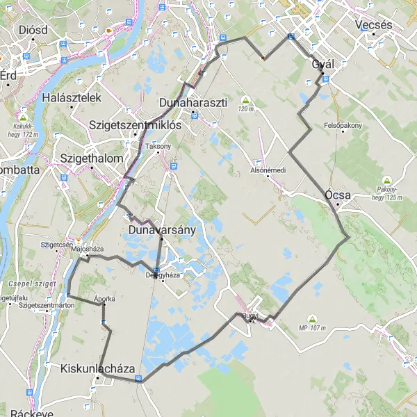 Map miniature of "Scenic Road Cycling Route from Gyál" cycling inspiration in Pest, Hungary. Generated by Tarmacs.app cycling route planner