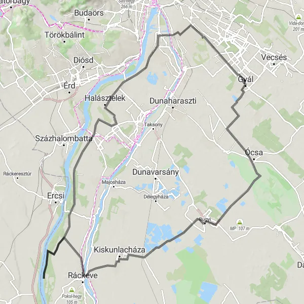 Map miniature of "Cultural Road Cycling Route near Gyál" cycling inspiration in Pest, Hungary. Generated by Tarmacs.app cycling route planner